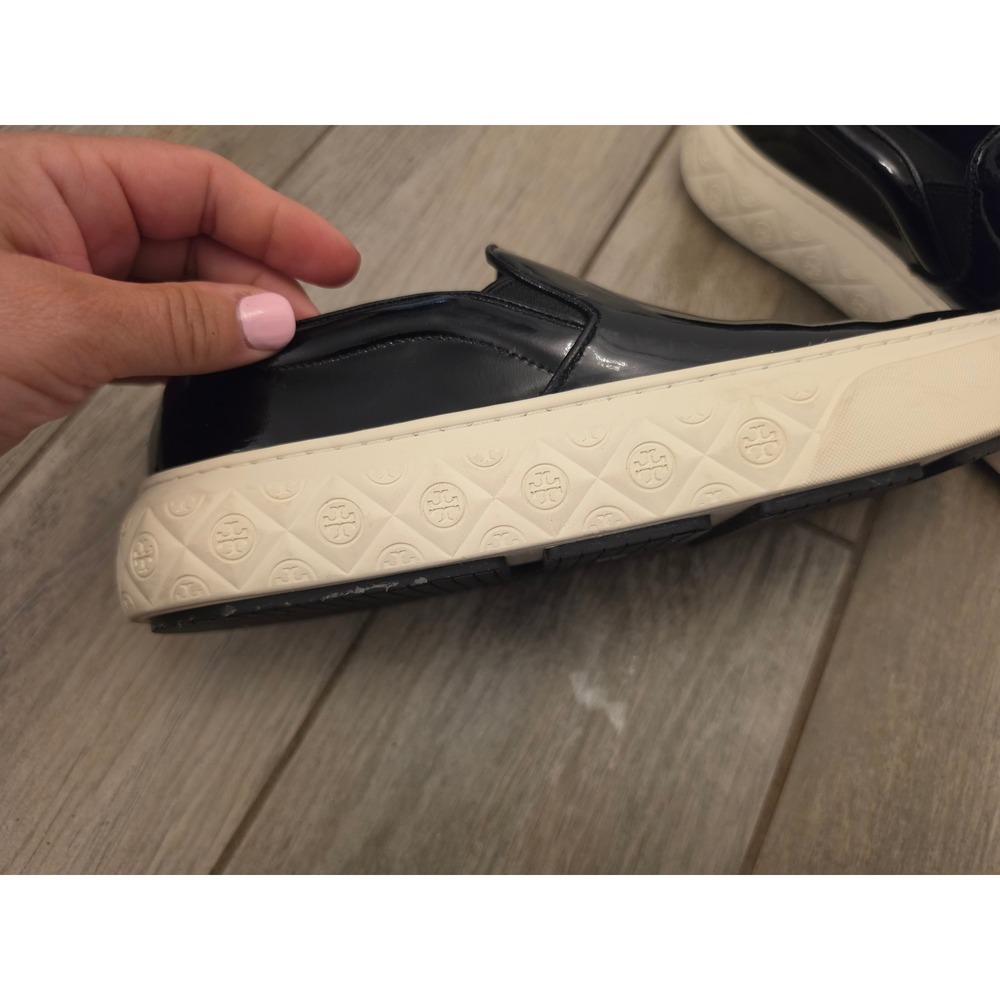 Tory Burch Black Patent Leather Slip On Platform Sneakers Logo Midsole - Picture 5 of 11